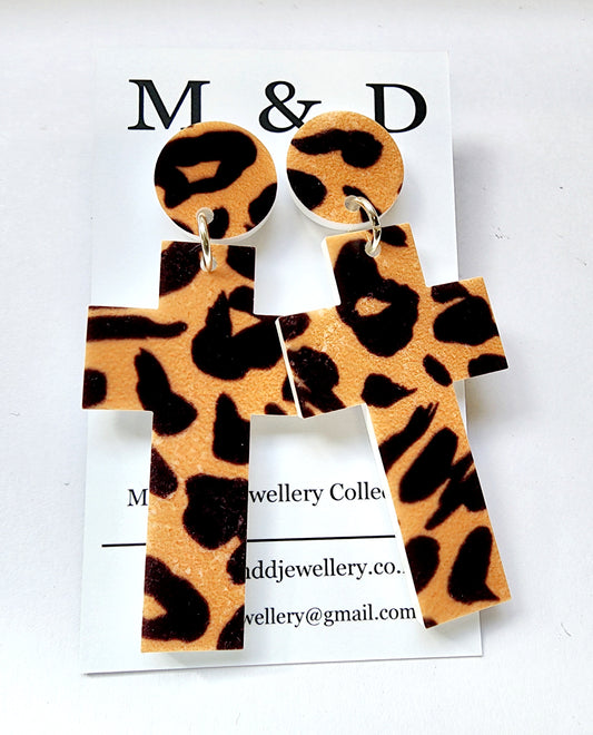 Patterned Cross Ginger Leopard Stud Dangle Earrings