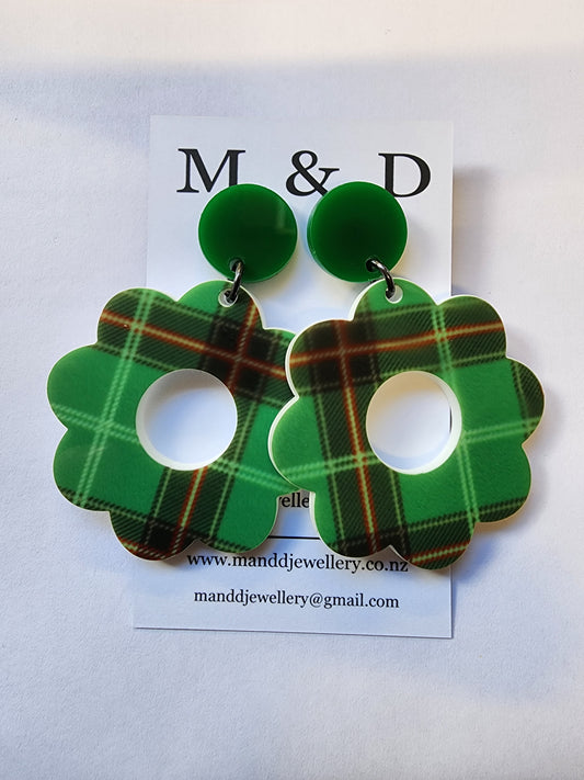 Patterned Tartan Flower Power Stud Dangles Earrings