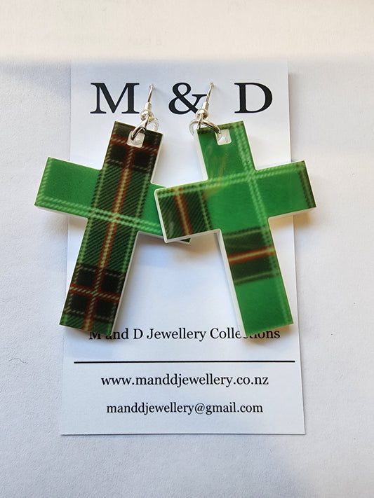 Patterned Tartan Cross Dangle Earrings