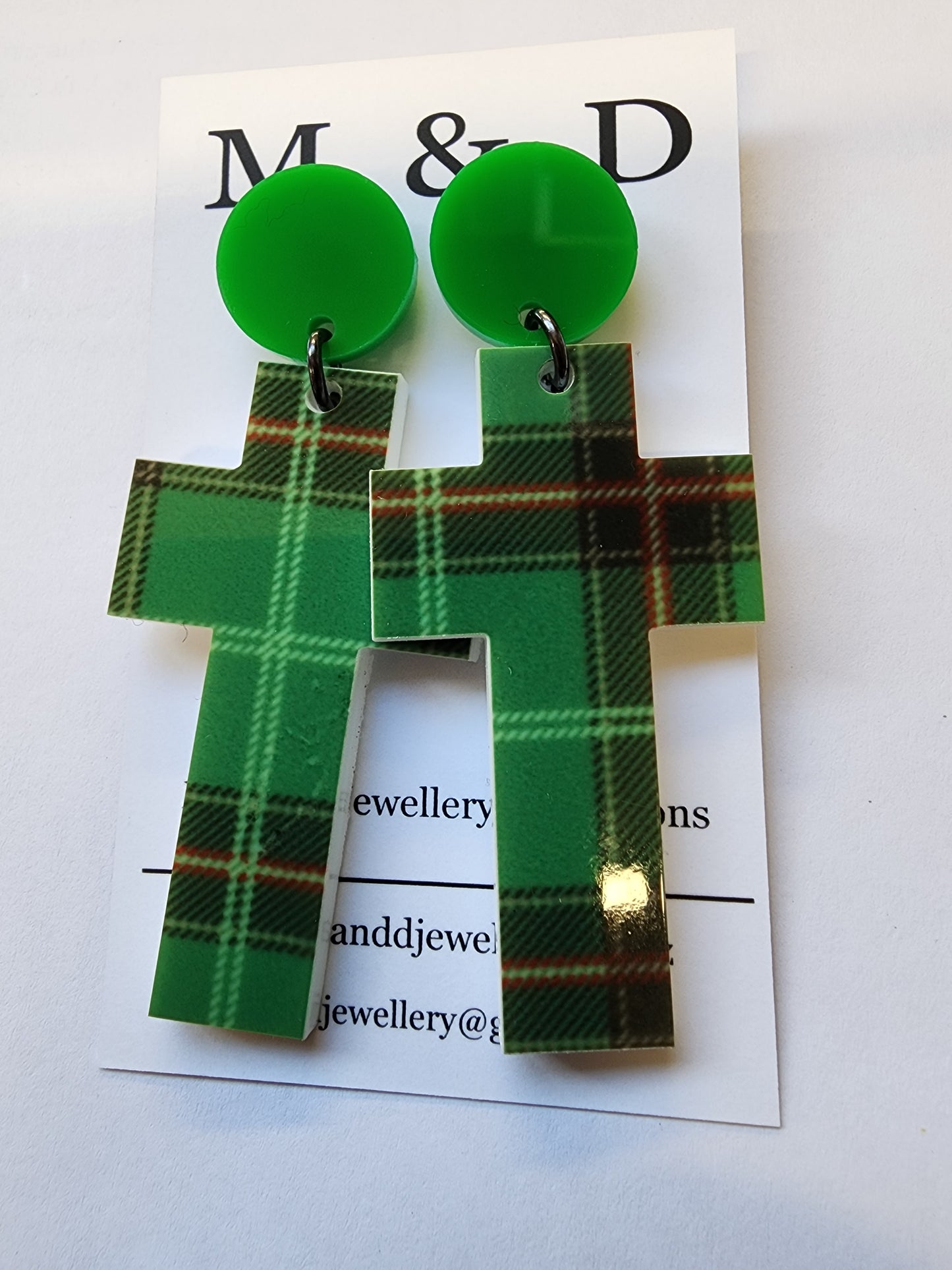 Patterned Tartan Cross Stud Dangle Earrings