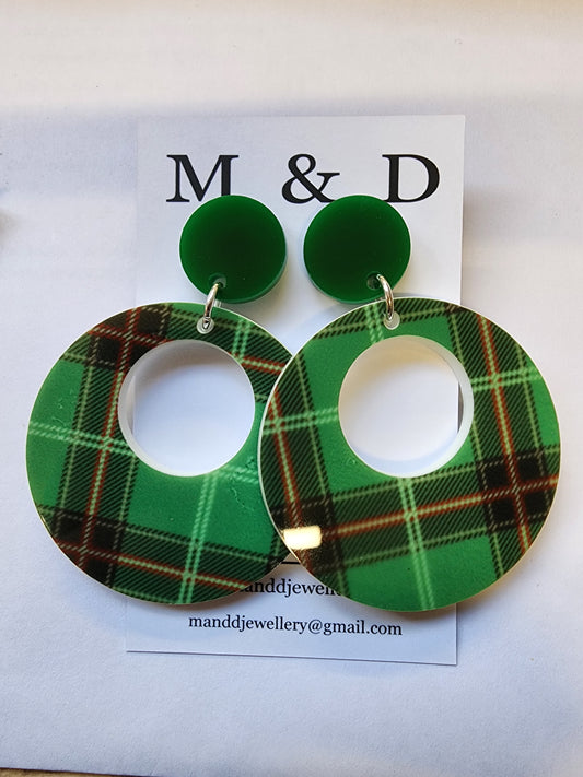 Patterned Tartan Circle Stud Dangle Earrings