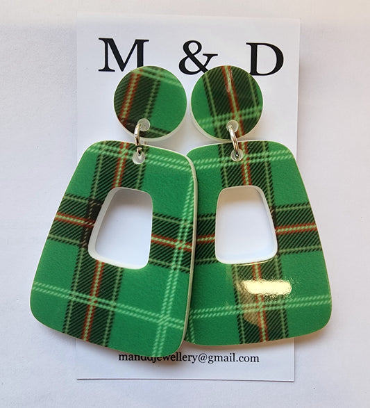 Patterned Tartan Jelly Block Stud Dangle Earrings