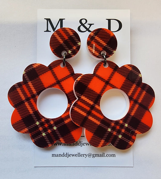 Patterned Tartan Flower Power Stud Dangles Earrings