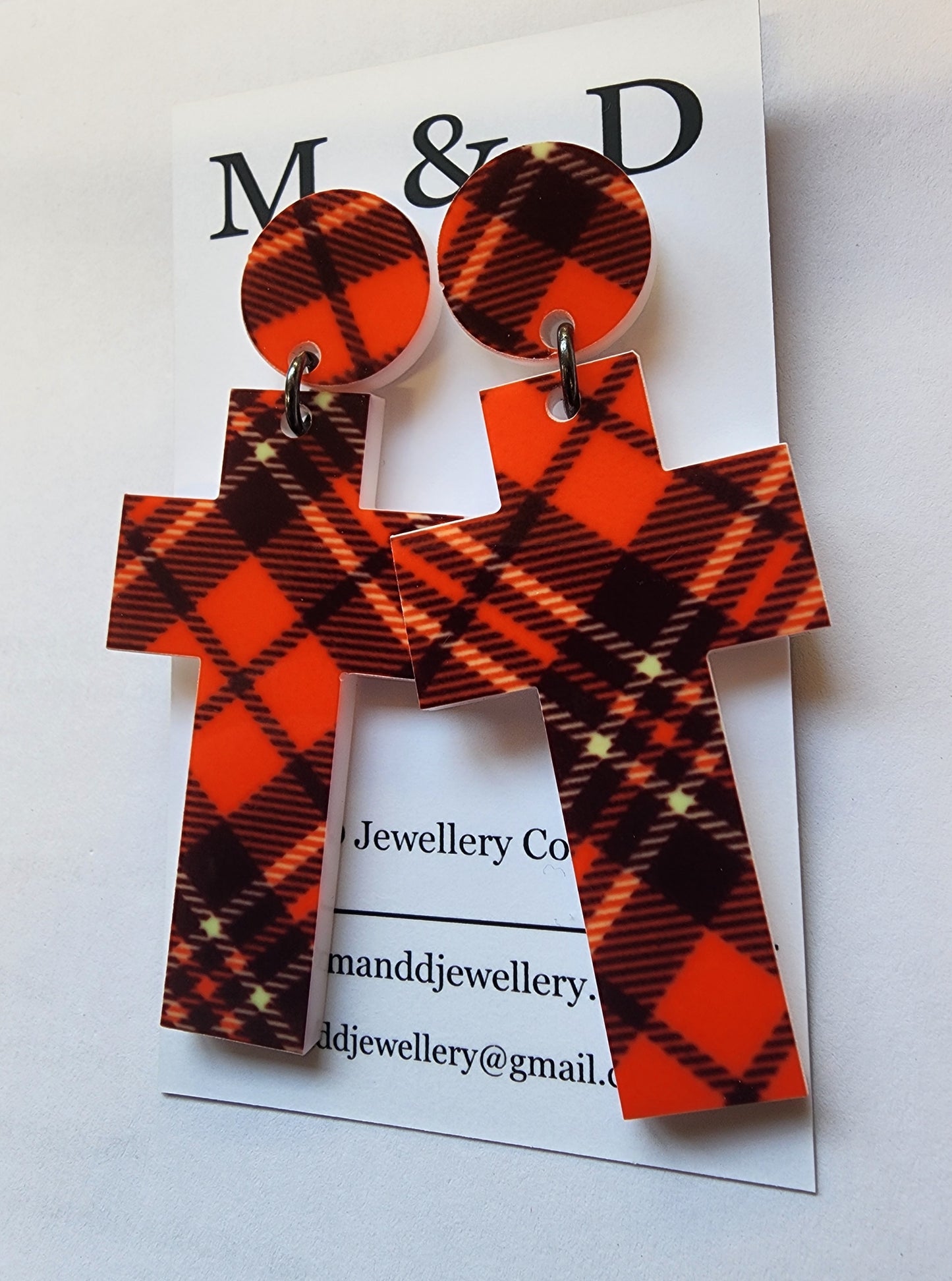 Patterned Tartan Cross Stud Dangle Earrings