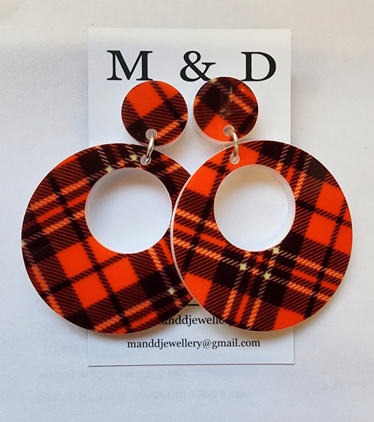 Patterned Tartan Circle Stud Dangle Earrings