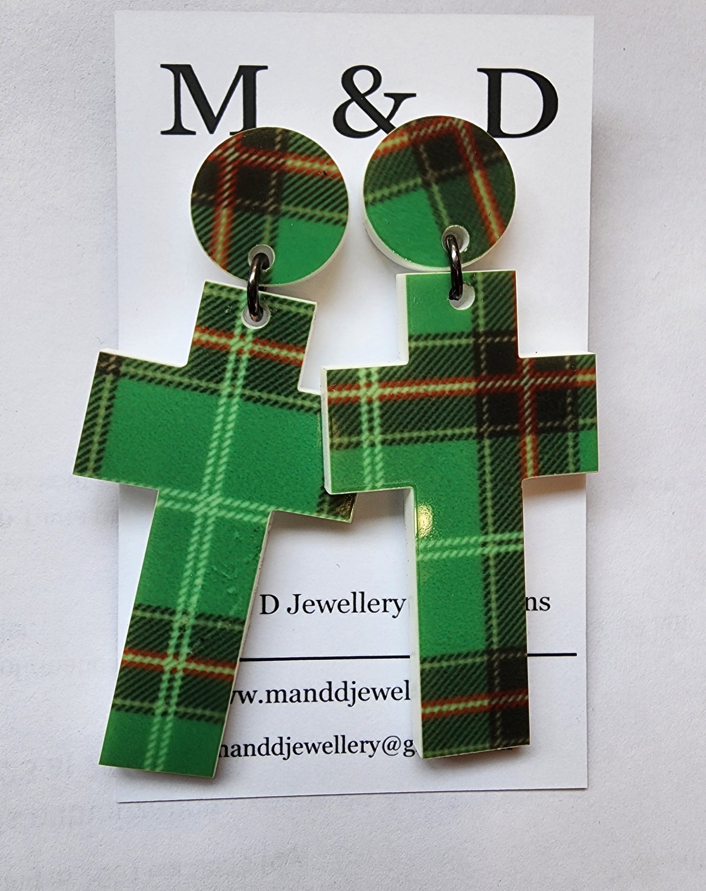 Patterned Tartan Cross Stud Dangle Earrings