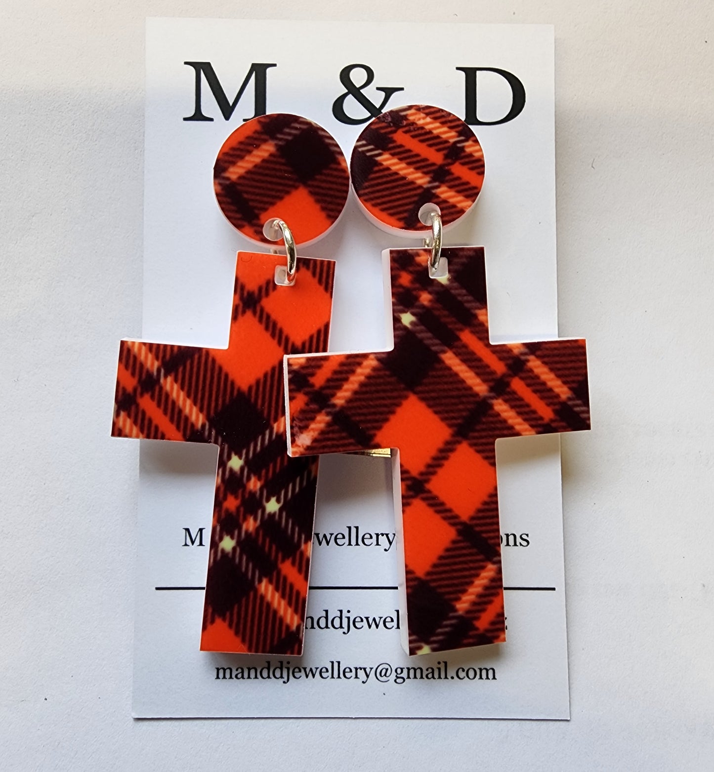 Patterned Tartan Cross Stud Dangle Earrings