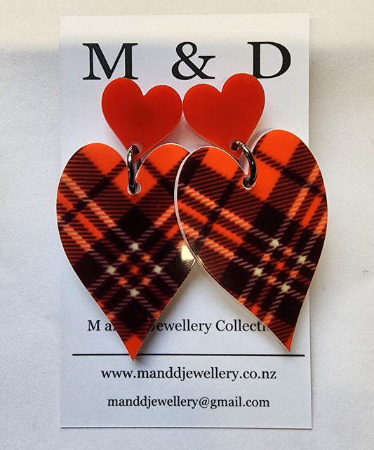 Patterned Tartan Long Heart Stud Dangle Earrings