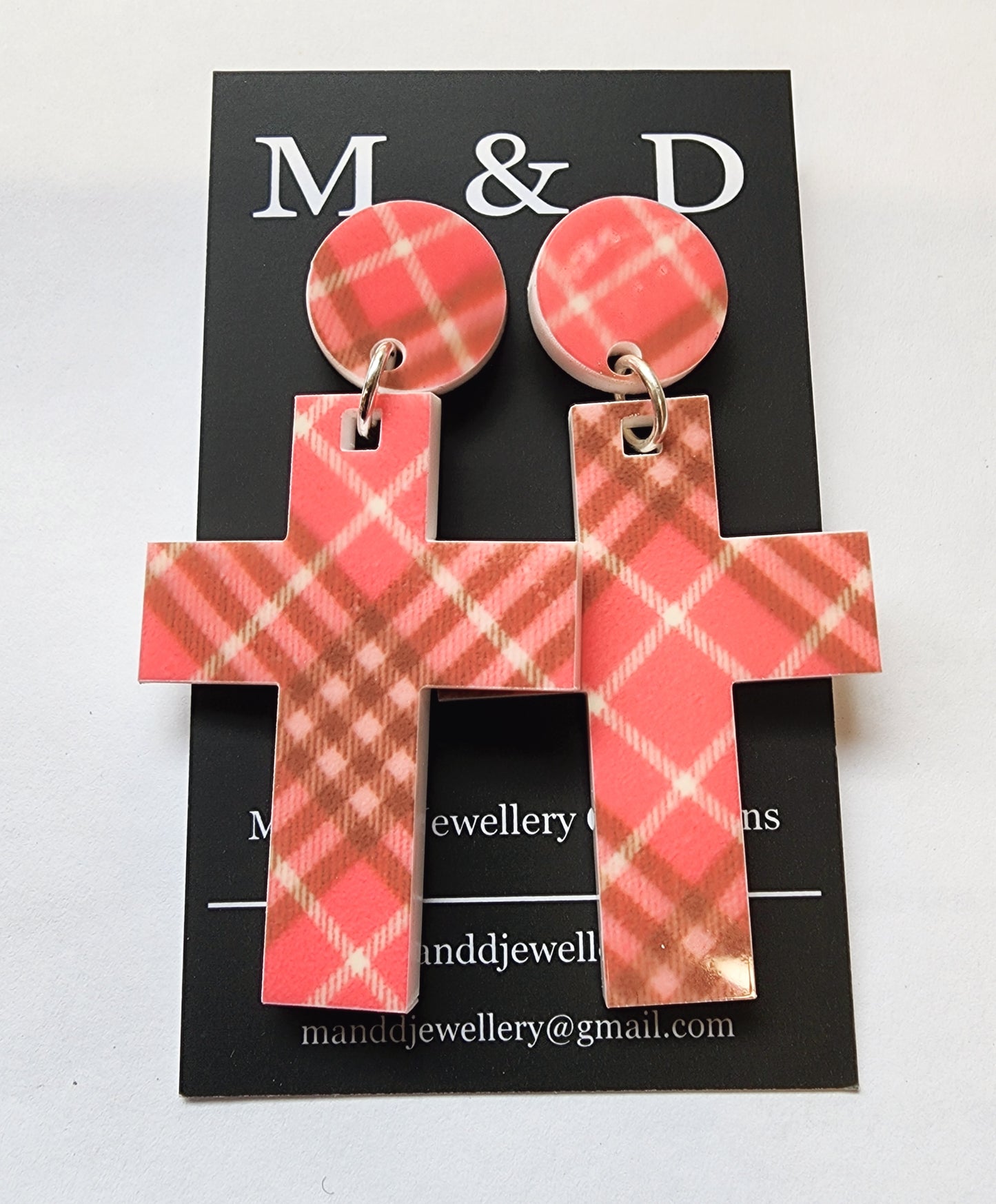 Patterned Tartan Cross Stud Dangle Earrings