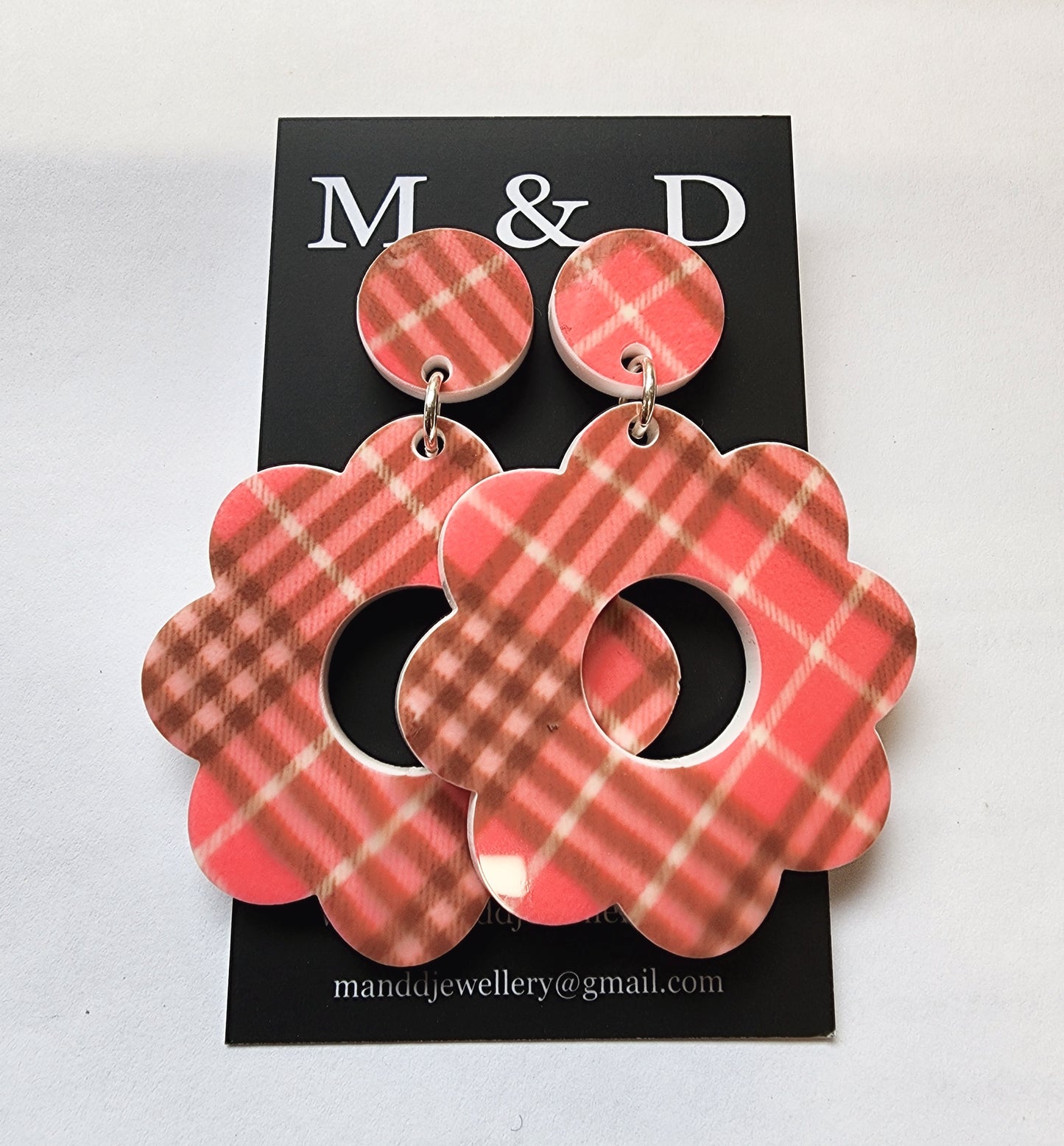 Patterned Tartan Flower Power Stud Dangles Earrings