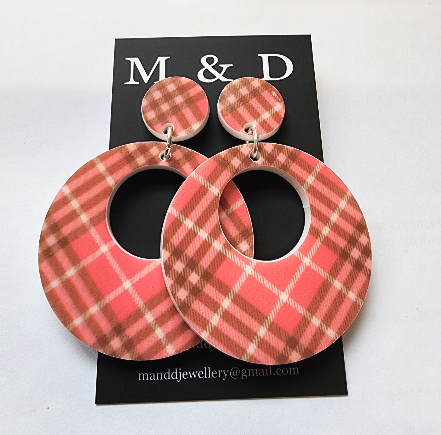 Patterned Tartan Circle Stud Dangle Earrings