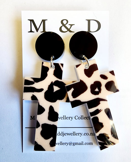 Patterned Animal Cross stud dangle earrings