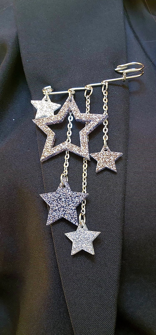 Kilt Pin Black and Silver Glitter Stars with chain detail