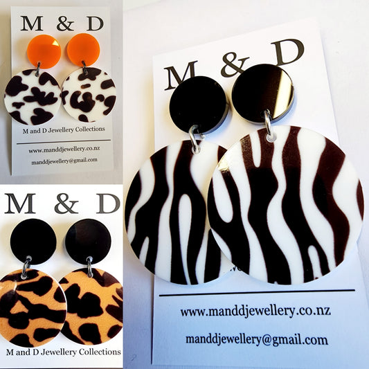 Patterned Animal Disc Stud Dangle Earrings