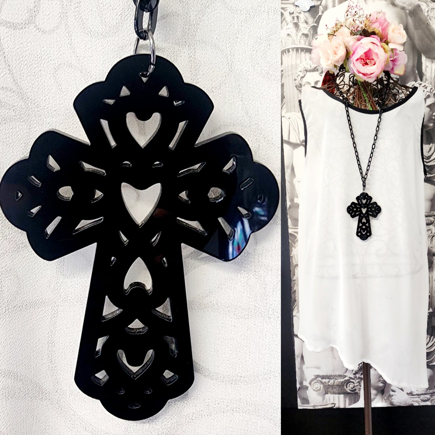 Ornate Cross with Cut out hearts Necklace Style 2