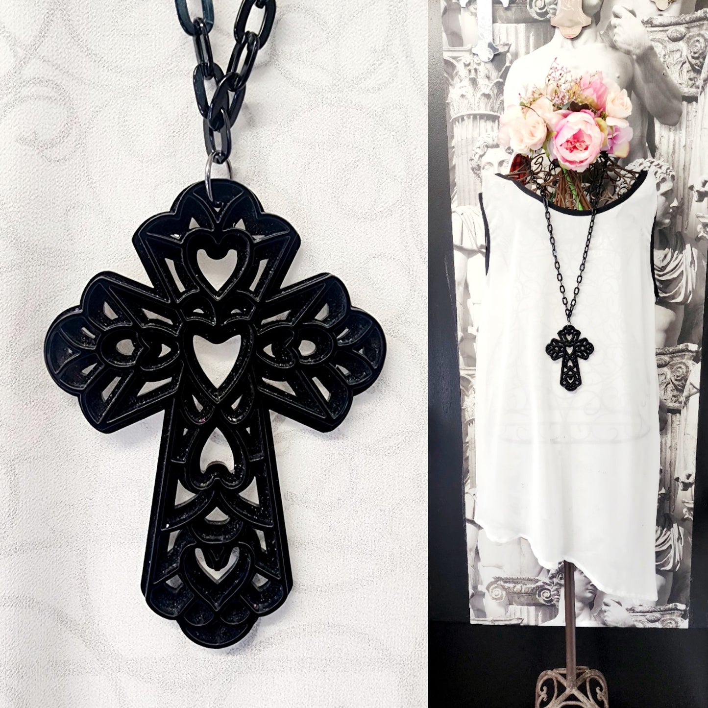 Ornate Cross with Cut out hearts Necklace Style 2