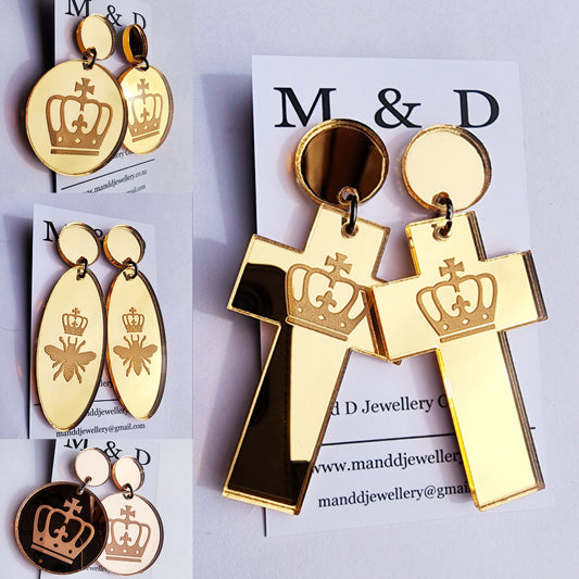 Crown Engraved Mirror Stud Dangle Earrings