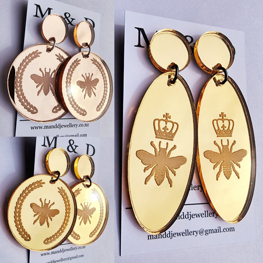 Bee Engraved Mirror Earrings Stud Dangles