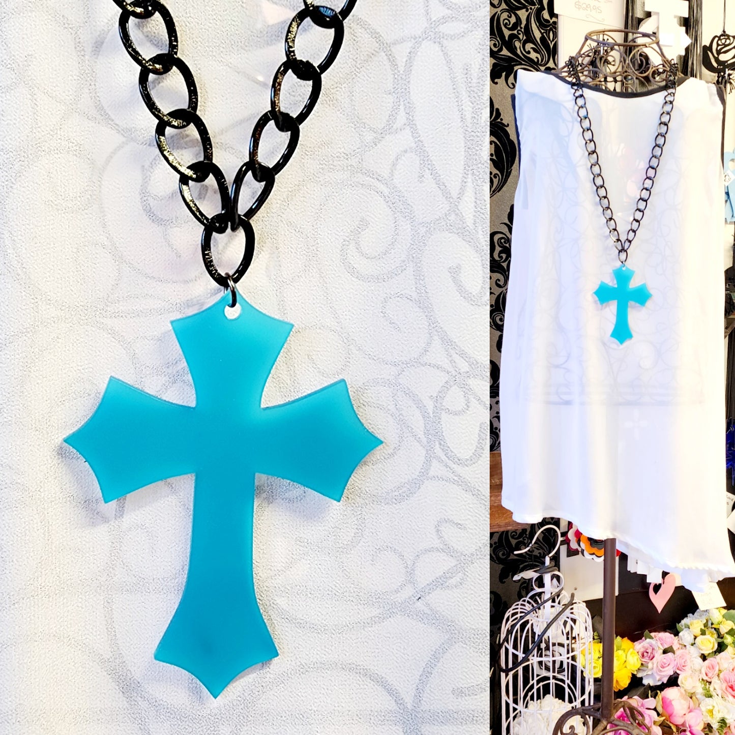 Chained Diamond Point Cross Statement Necklace