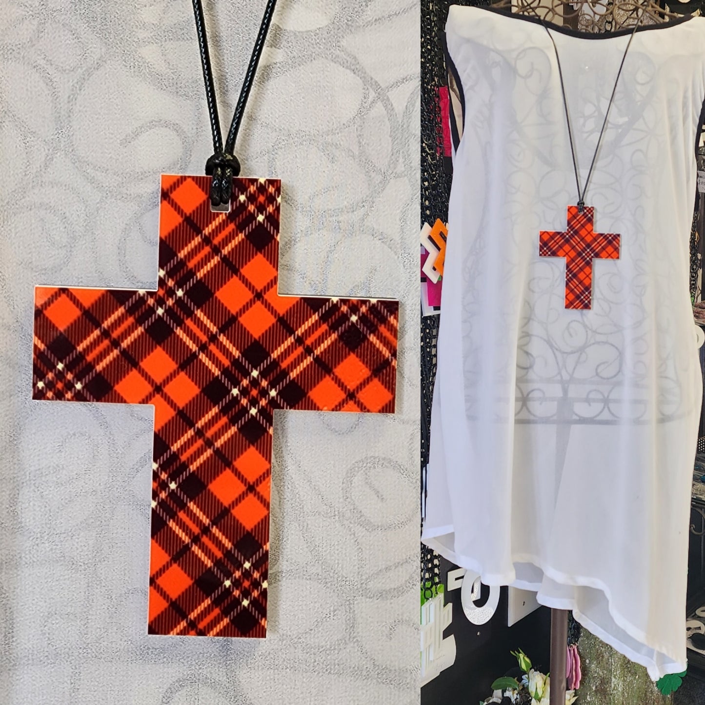 Patterned Tartan Cross Necklace 6mm