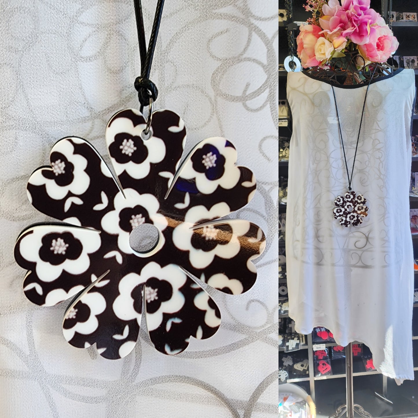 Patterned Black Floral Petal Necklace