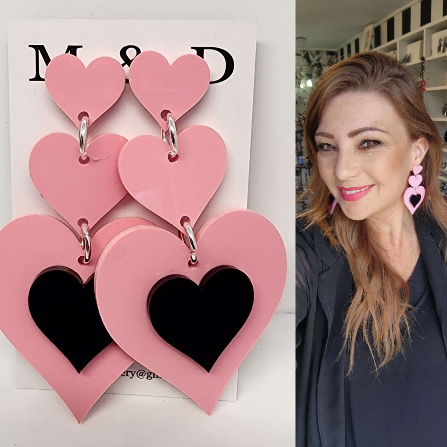 Heart trio with contrasting bottom, earrings stud dangles