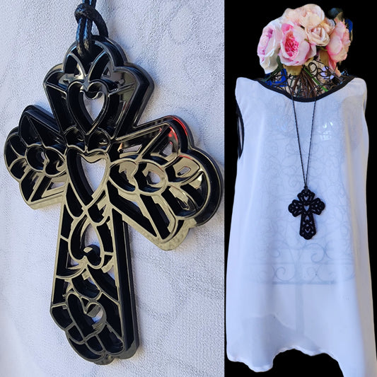 Ornate Cross with Cut out hearts Necklace Style 2