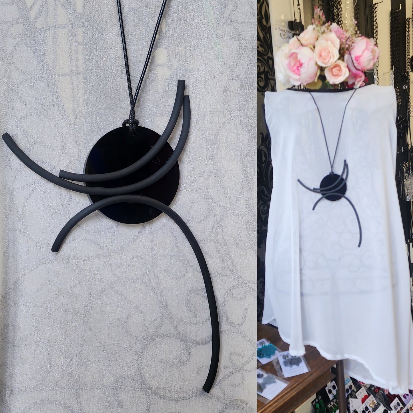 Disc with Rubber Statement Necklace Black Style 1