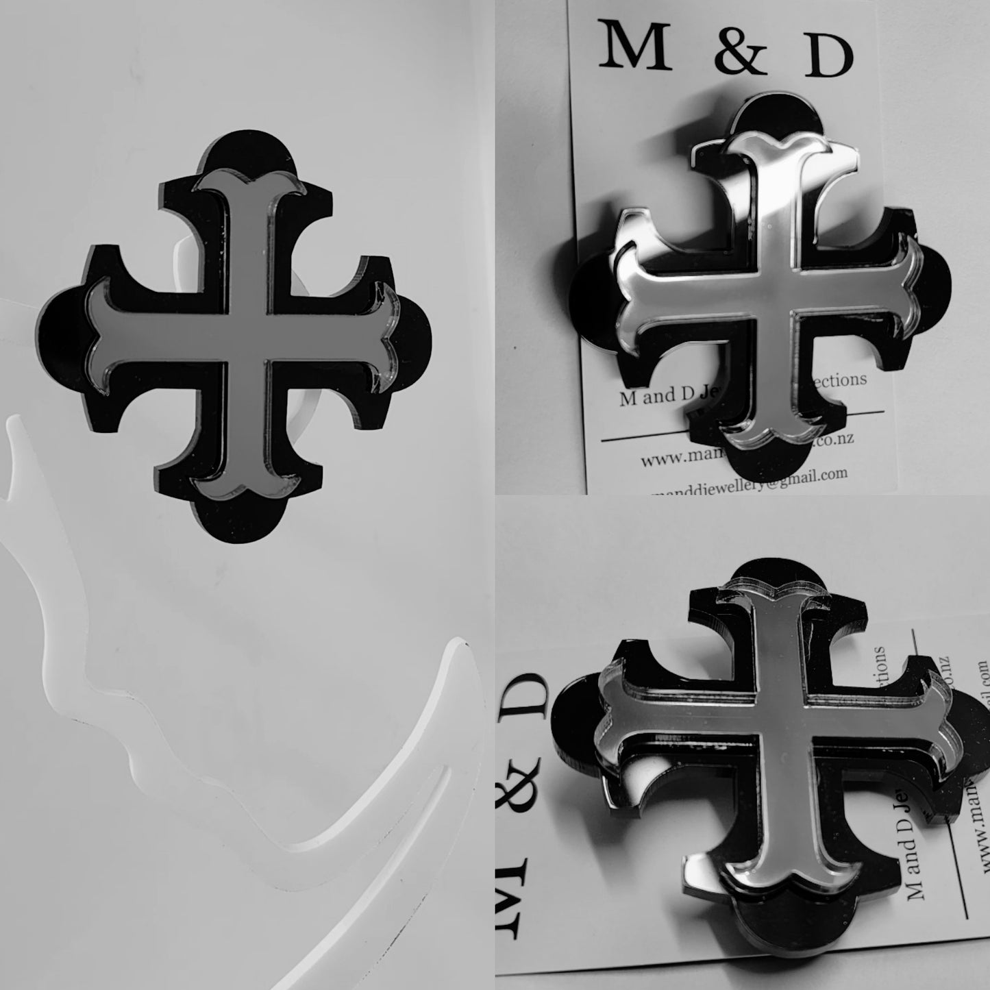Brooch Large Black Botonee Cross with White bar layer.