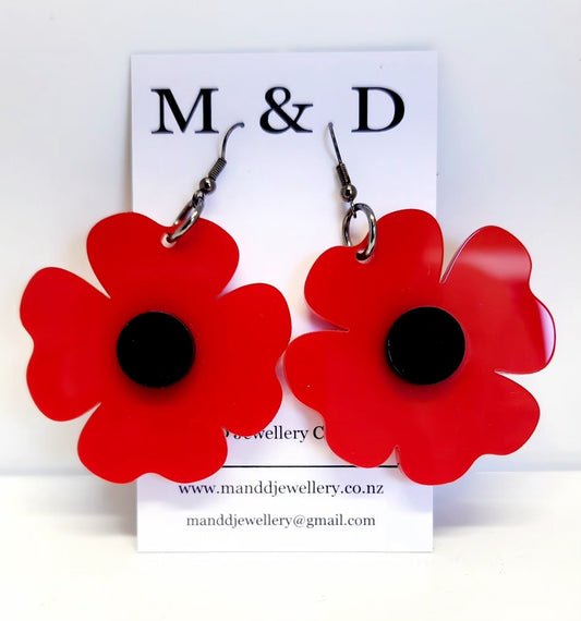Anzac Poppy Earrings Round Centre Dangles