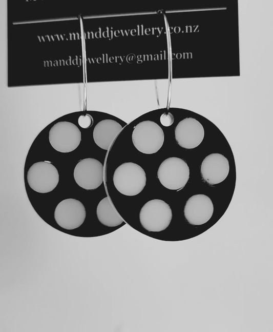 Spotty Little Dangle Earrings Reversible Hoops, Black White