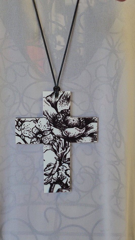 Patterned Floral Cross Necklace 6mm