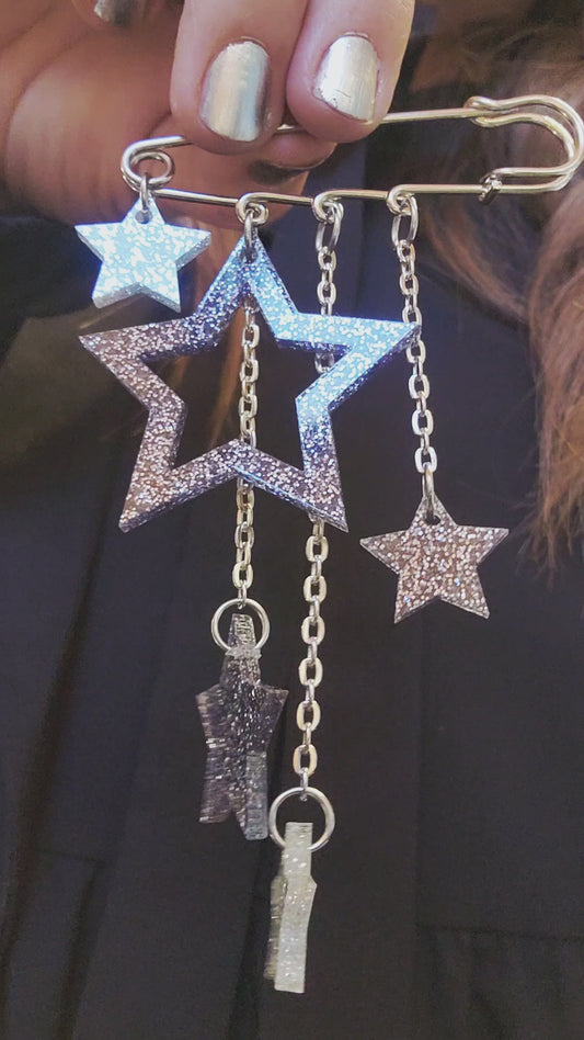 Kilt Pin Black and Silver Glitter Stars with chain detail