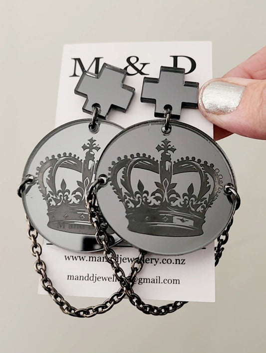 Crown Engraved Mirror Stud Dangle Earrings with chain detail