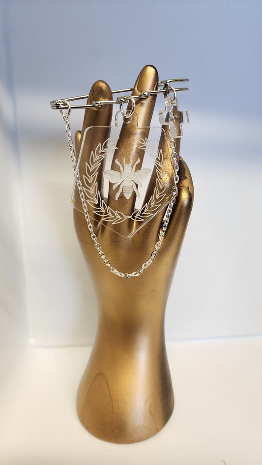 Kilt Pin Bee Engraved on Clear Brooch with Charm and chain detail