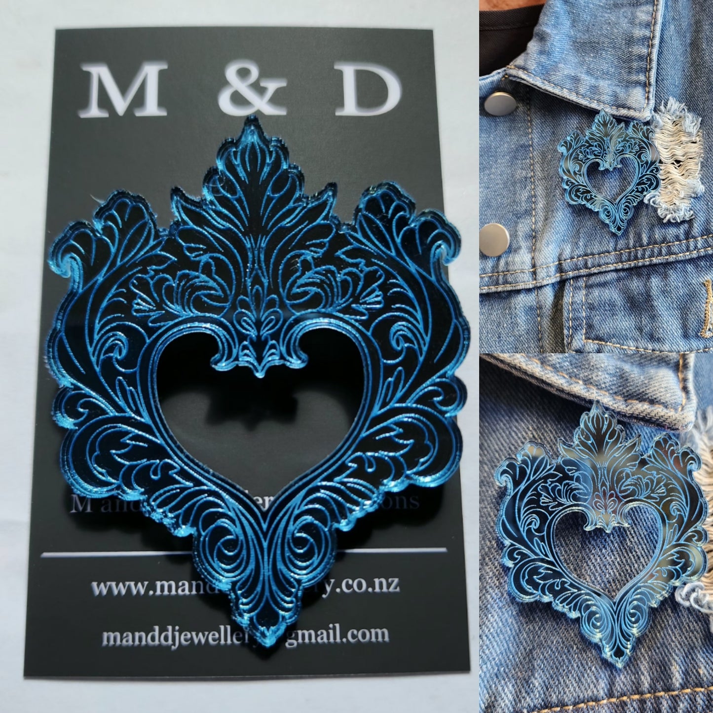 Engraved Feather Heart Brooch