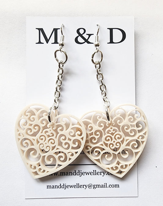 Chained Filigree Heart Dangle Earrings