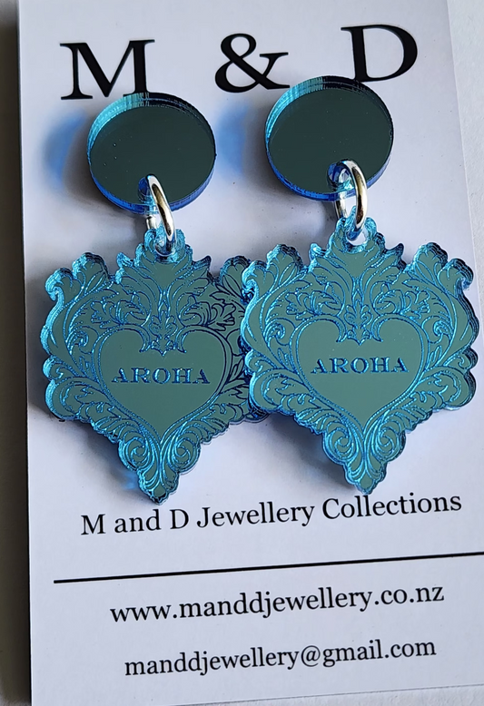 Aroha Engraved Heart Mirror Stud Dangles