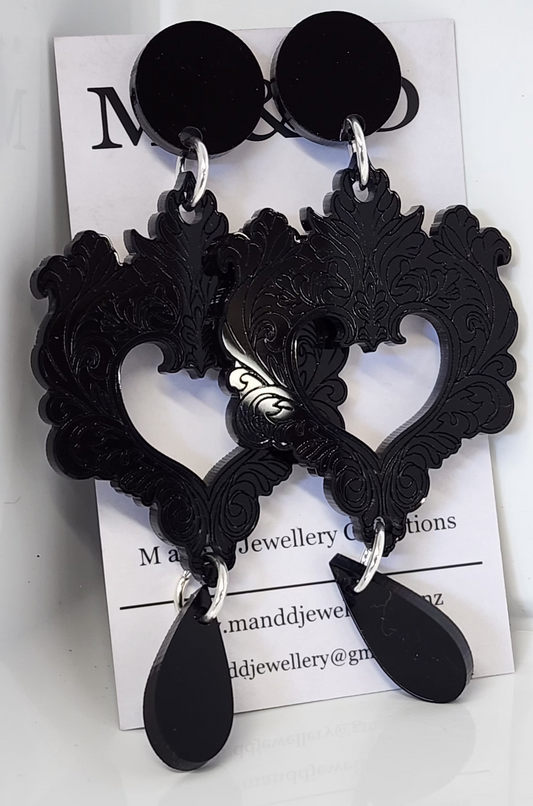 Engraved Heart Feather Drop Stud Dangles