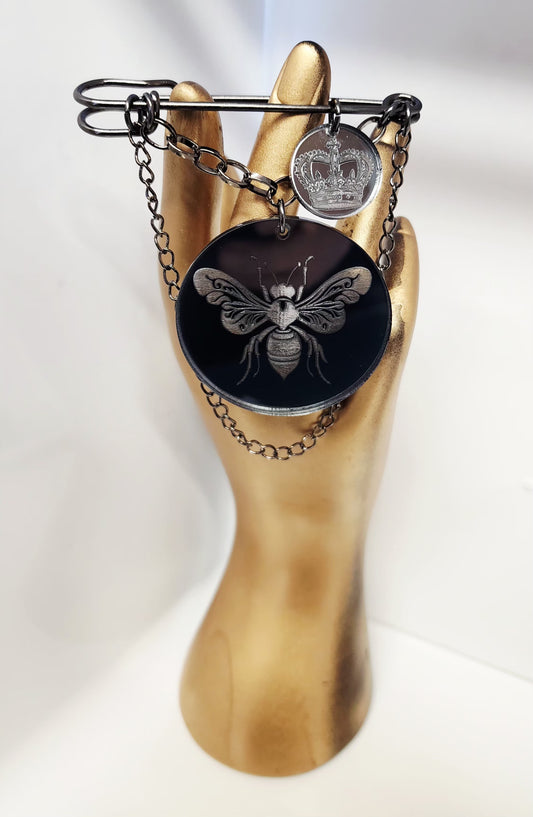Kilt Pin Bee and Crown Engraved Mirror Brooch with chain detail
