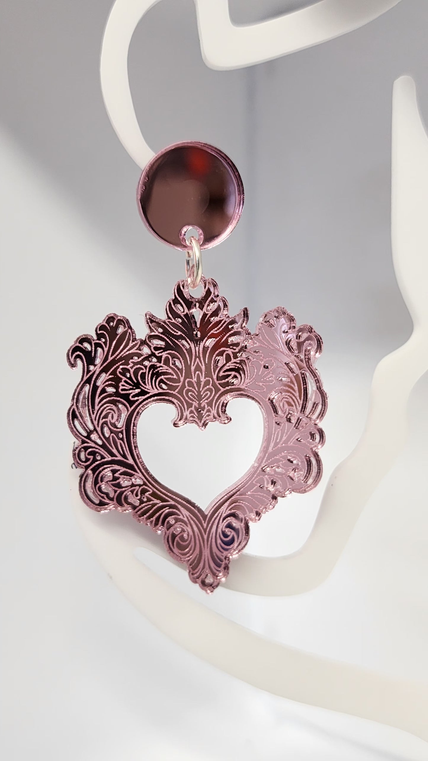 Engraved Feather Heart Mirror Stud Dangles