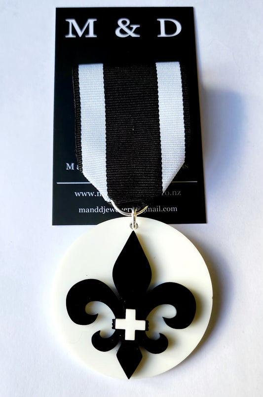 Ribbon Brooch Black Fleur Layered on White Disc