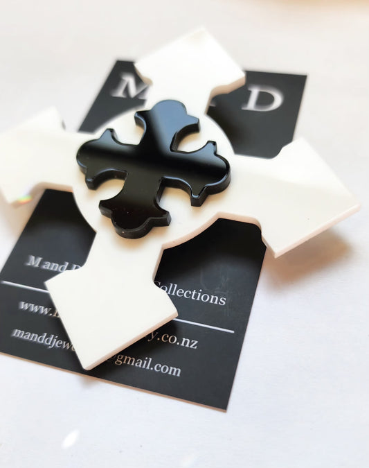 Brooch Large White Botonee Cross with Black layer.