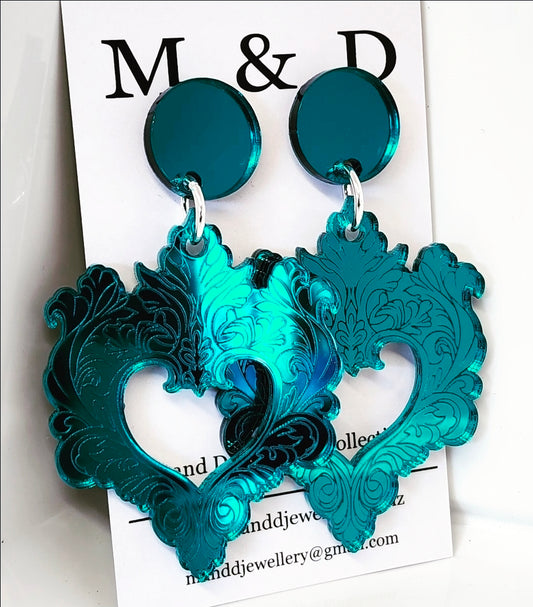 Engraved Feather Heart Mirror Stud Dangles