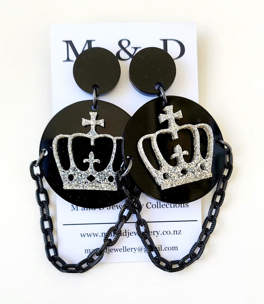 Crown on Glitter Disc Stud Dangles Earrings