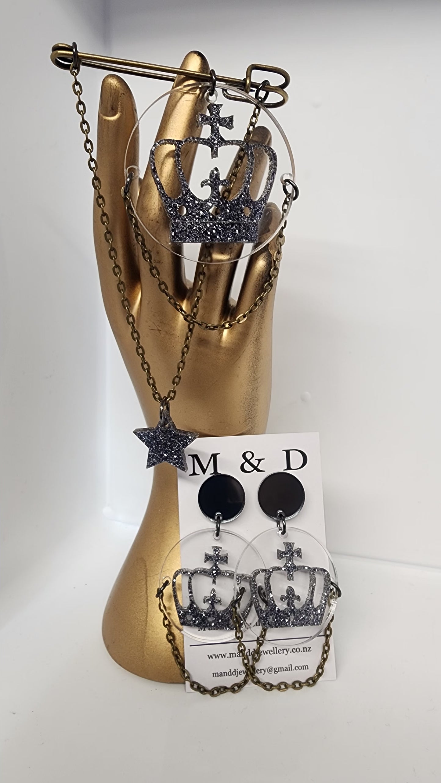 Crown on Glitter Disc Stud Dangles Earrings