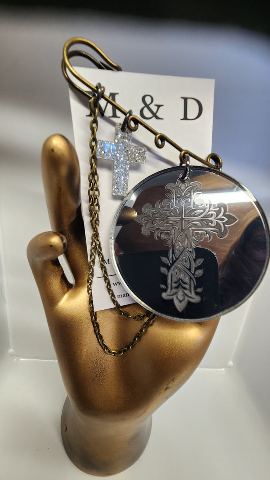 Kilt Pin Cross Engraved Mirror Brooch with chain and charm detail