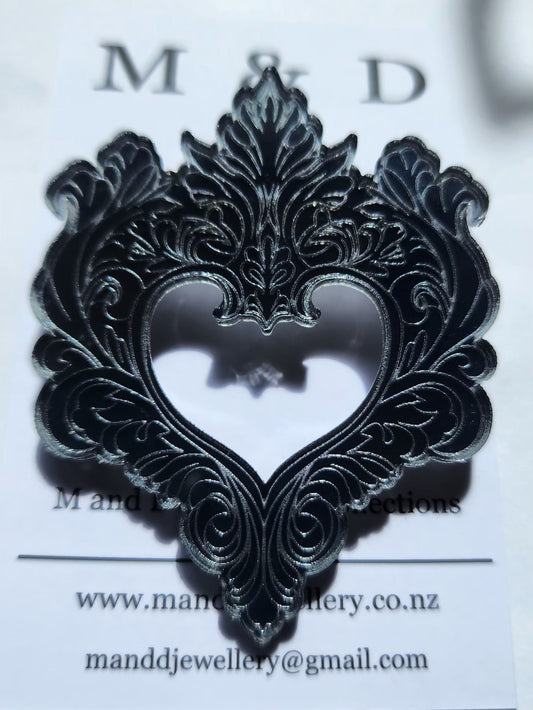 Engraved Feather Heart Brooch