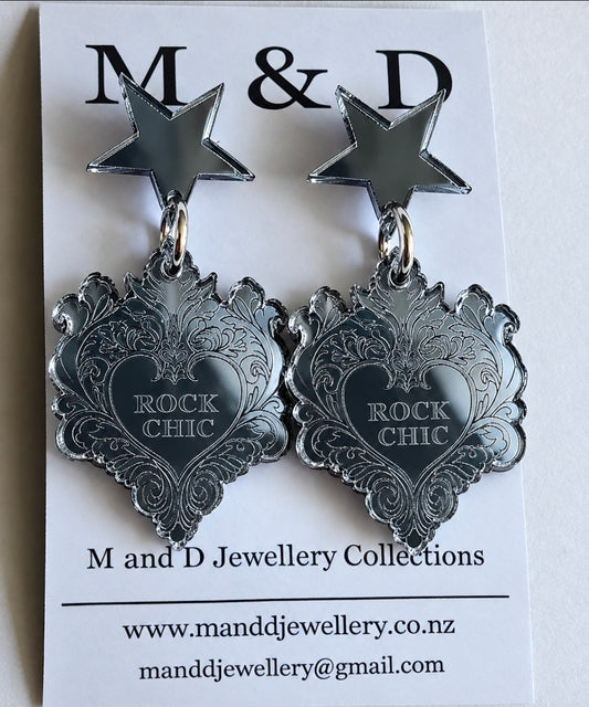 Rock Chic Engraved Heart Mirror Stud Dangles