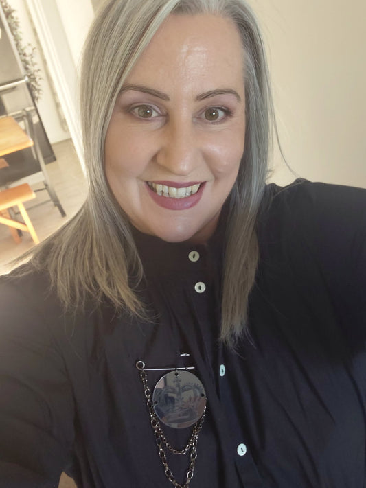 Kilt Pin Crown Engraved Mirror Brooch with chain and charm detail